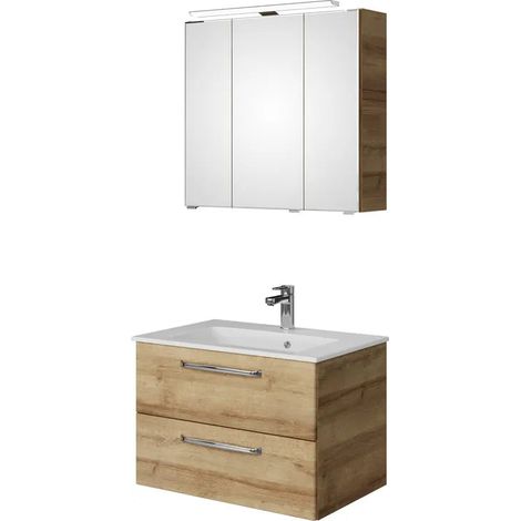 [NEUWERTIG] B-Ware Saphir Badmöbel Set Waschtisch Unterschrank Spiegelschrank Led Riviera Eiche