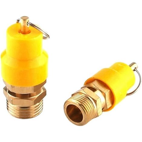 2 Pack 3/8" BSP Safety Valve, 12 Bar (≈174 PSI), Brass Pressure Relief Valve for Air Compressor, Compressed Air Drain Valve with Yellow Protective Cap, Thread (1/5)