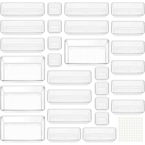 Lot de 28 Organisateurs de Tiroir - Rangement Coiffeuse en Plastique Transparent avec 4 Tailles, Rangement Tiroir pour Salle de Bain, Coiffeuse, Bureau, Cuisine, Outils et Maquillage (1/5)