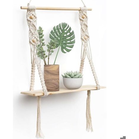 Étagère murale macramé bois - Bois de pin naturel Tressage manuel bohème - Décoration intérieure - 40x15 cm hauteur 90 cm (1/5)
