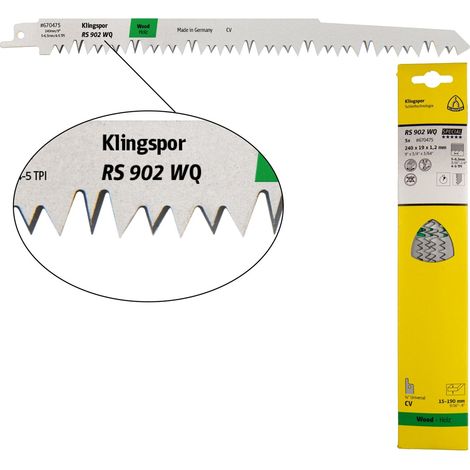 Klingspor RS 902 WQ Säbelsägeblätter, 240 x 19 x 1,2 mm Nutzlänge 210Crom-Vanadium, kreuzgeschliffen, geschränkt , 5 Zähne pro Zoll, SB-verpackt im Ka