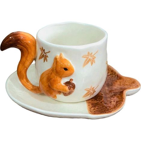 Porzellan-Kaffeebecher mit niedlichem, geprägtem Eichhörnchenmotiv, floraler Becher für den Esstisch, Tasse für den Nachmittagstee, Saftbecher B (1/5)