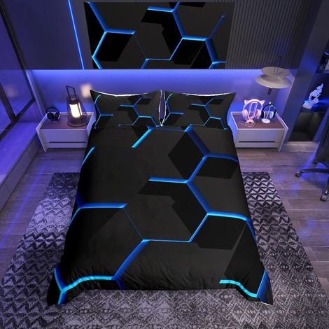 Parure de lit avec housse de couette à motif géométrique en nid d'abeille – Motif géométrique hexagonal – Décoration simple – Fermeture à glissière – Bleu – Très grand lit (1/5)