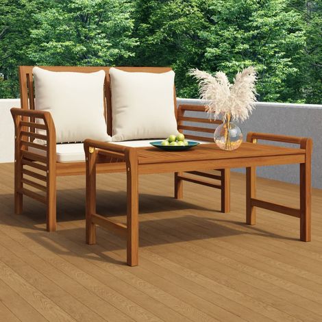 Salon de jardin avec coussins blanc crème 2 pcs Ensemble Table et Chaise de Jardin - Bois massif BV867352 - BonneVie (1/5)