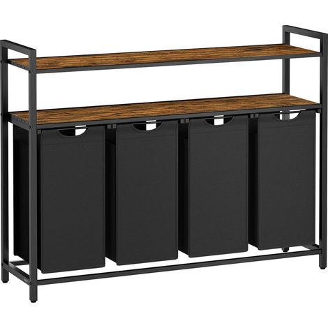 Panier à linge corbeille à linge sale rangement 2 compartiments 2 sacs amovibles en tissu oxford 2 étagères cadre en métal 46 litres pour chaque sac marron (1/3)