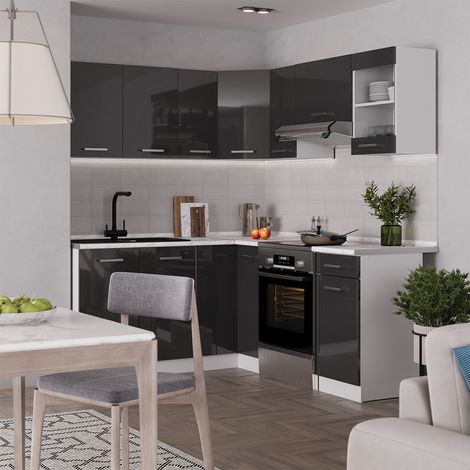Cuisine en angle R-Line, Anthracite Haute brillance/Blanc, 187 x 167 cm, PT Marbre, Vicco