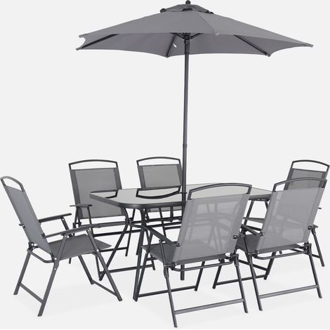 Conjunto mesa de jardín de acero con 6 sillas y 1 sombrilla (1/5)