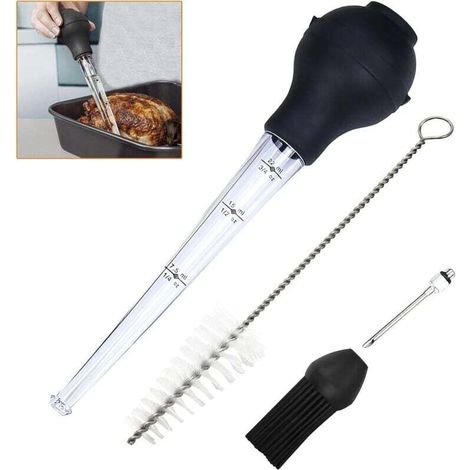 Viande de Seringue, Poire à Sauce Poulet Turquie Barbecueavec Brosse de Nettoyage, Pinceau de Silicon y Aiguille d'Injecteur, Pipette pour Barbecue, Bœuf, Bacon, Poulet, Porc, Dinde (Noir) (1/4)