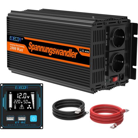 Edecoa – Convertisseur de tension 12V 220V/230V 2000W – Télécommande – 2 ports USB – Écran d'état – Compatible panneaux solaires
