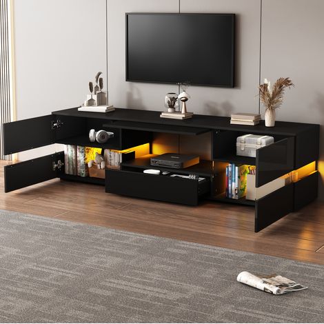 Mueble TV moderno (160x39x45 cm), con LED, 2 puertas, 1 cajón, compartimento abierto, tablero aglomerado negro (1/5)