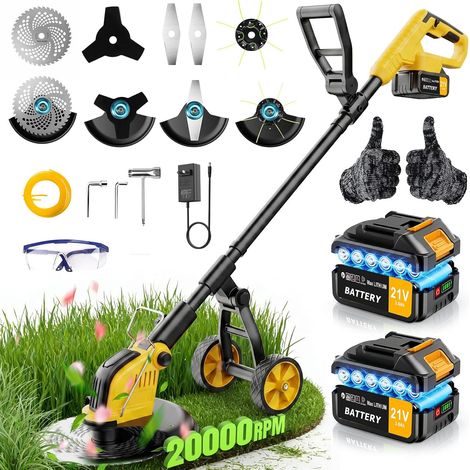 Débroussailleuses Electrique sans FI 21V,Coupe Bordures sans Fil avec 2 3.0Ah Batterie et Chargeur,Moteur Brushless 800W,30CM Débroussailleuse à Batterie avec Roue (1/5)