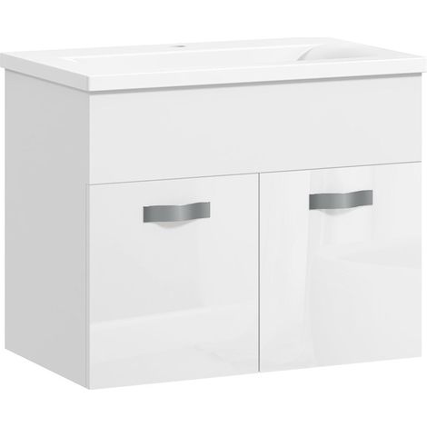 Meuble de salle de bain suspendu avec vasque, meuble à 2 portes avec charnières à fermeture douce, 61 x 40 x 50 cm, blanc brillant (1/5)