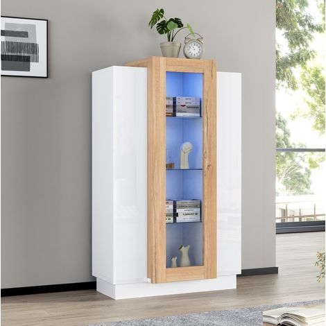 Vitrine 74x40x120 cm en panneau de bois blanc, LED, gain de place pour salon FloraGrace (1/5)