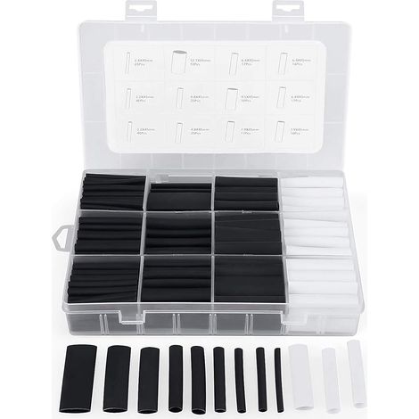 300Pcs Gaine Thermorétractable avec Colle Ratio 3:1 Tube Thermorétractable 7 Tailles, 2 Couleur (Noir, Blanc) (1/4)