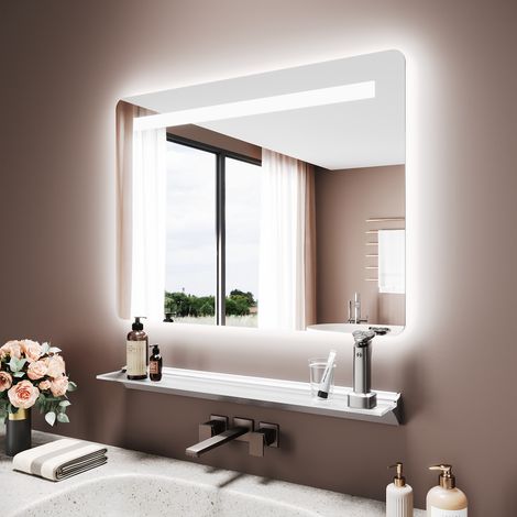 SIRHONA Miroir lumineux de salle de bain avec étagère éclairée - Lampe double avec miroir antibuée intelligent, 3 températures de couleur, 80 x 60 cm