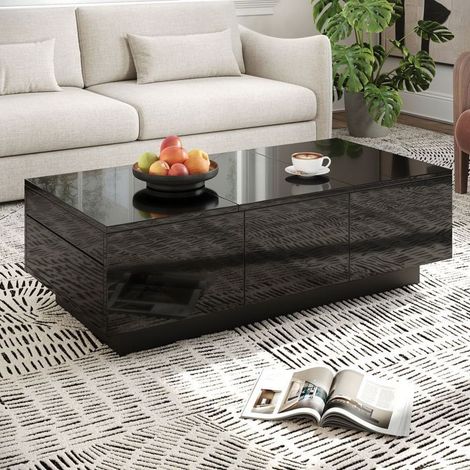 Table Basse Noir brillant Grand espace de rangement 2 tiroirs Surface facile d'entretien Finition partiellement brillante (1/5)