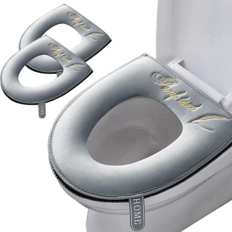 Lot de 2 housses de siège de toilette plus épaisses et douces avec poignée pour abattant de WC - Coussin doux et épais - Lavable (gris) (1/5)