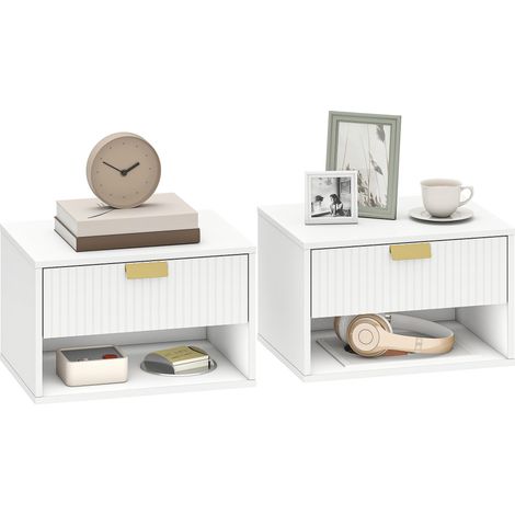 Ensemble de 2 tables de chevet suspendues avec tiroir, façade ondulée et étagère ouverte, design moderne, 40 x 30 x 25 cm, blanc (1/5)