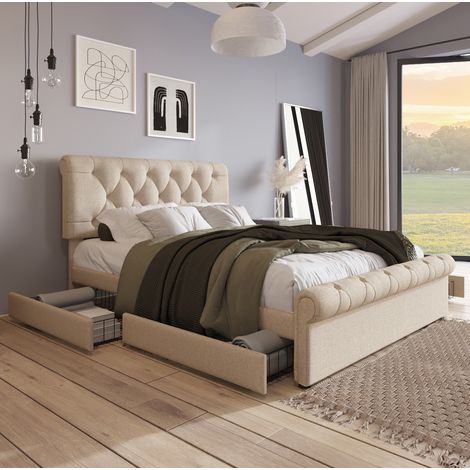 Cama doble 140x200 cm Natural de madera maciza, metal y lino, cabecero regulable y 4 cajones (1/5)