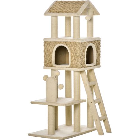 Arbre à chat avec niche, jouets, revêtement sisal et peluche douce, couleur kaki beige et café (1/4)