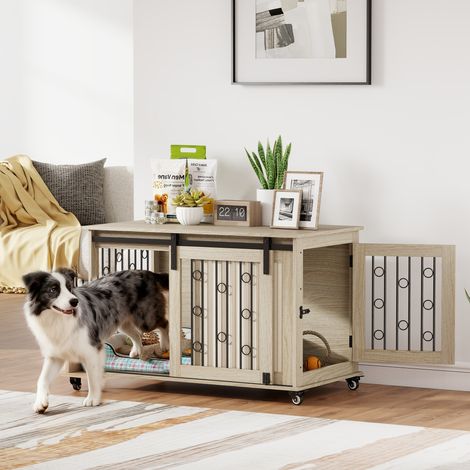 Gabbia per cani su ruote, porta scorrevole, 100 x 56 x 65 cm, legno, acciaio