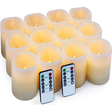 Lot de 12 Bougies LED, Cire véritable Ivoire, Télécommande et Minuterie, Diamètre 7,6cm Hauteur 10,2cm, Décoration Intérieure