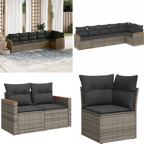 Salon de jardin 6 pcs avec coussins gris résine tressée - Ensemble Salon De Jardin - Mobilier De Jardin - Salon Extérieur - Résine Tressée - Fauteuil De Jardin - Home & Living (1/5)