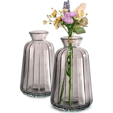 Lot de 3 mini vases verre vintage gris, lavables, parfaits pour tables de mariage (1/5)