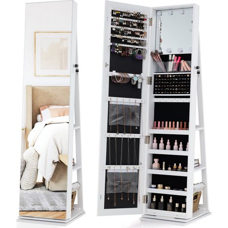 Armoire à bijoux blanche avec miroir pleine hauteur pivotant à 360 , étagères ouvertes et éclairage LED pour chambre et dressing (1/5)