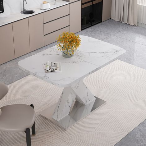 Table à manger - Extensible - Marbre blanc - Pied en X - MDF et métal (1/5)