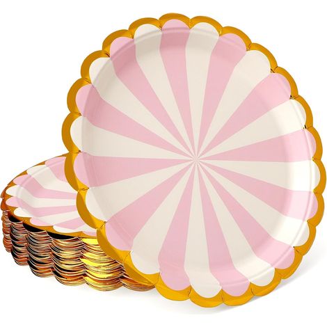 Lot de 50 assiettes en carton rose de 22,4 cm, découpées et rainées, pour dîner et dessert, jetables, pour remise de diplôme, vacances, mariage, anniversaire, fête, fête prénatale (1/5)