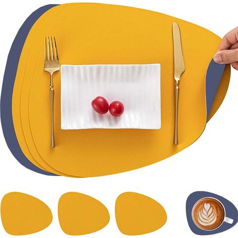 Set De 4 Sets De Table Et Dessous De Verre - Sets De Table Antidérapants - Forme Ovale - Réversibles (couleur Différente Sur Chaque Face) - Aspect Cuir - Couleurs : Jaune Et Bleu (1/5)