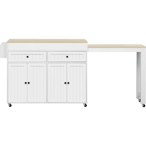 Isola da cucina mobile con piano estensibile e cassetti in MDF bianco e naturale (1/5)