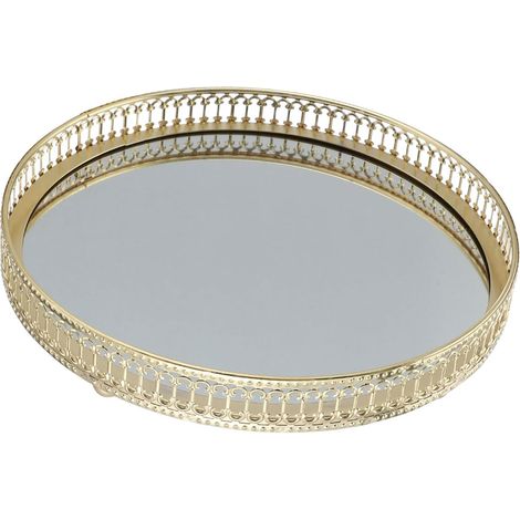 Plateau à Bijoux de Style Européen Grosse Taille, en Fer Doré Verre Miroir à Rayures Verticales, Assiette Multifonctionnelle pour Cosmétiques et Décoration Intérieure, Rangement (1/5)