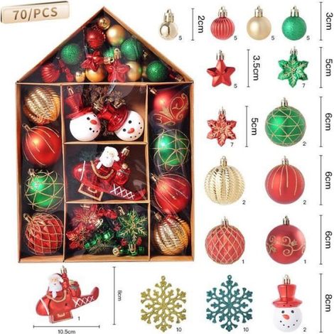 Lot de 70 Ornements Boule de Noël incassables Ensemble pendentifs décoratifs cadeau réutilisable pour arbre de Noël - ROUGE ET VERT (1/4)