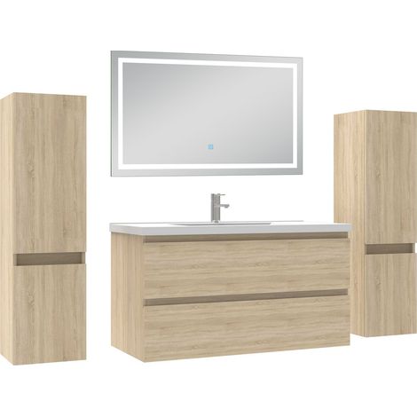 Aica Ensemble meubles Salle de Bain 100cm avec Colonne + Miroir Lumineux +3 Couleurs, Chêne Naturel
