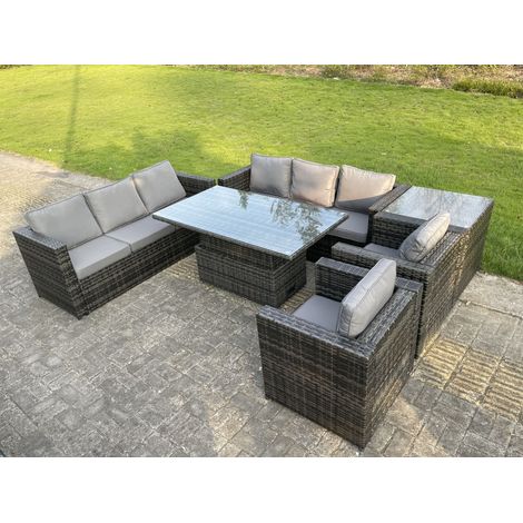 Fimous 8 Sitzer Outdoor Rattan Lounge Gartenmöbel Set Einstellbarer Aufsteigender Hubtisch Stühle Dunkelgrau Gemischt (1/4)