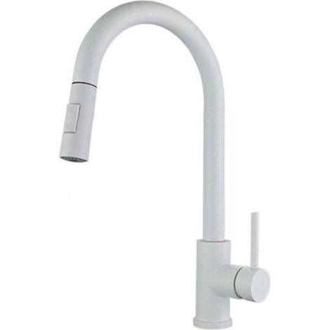 Robinet de cuisine, blanc, acier inoxydable, grand arc, extractible, pivotant à 360°, mitigeur d'évier à levier unique avec 2 modes, robinet de cuisine extractible (1/4)