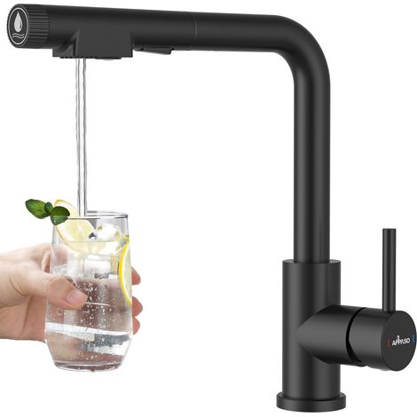 Robinet de cuisine 3 voies extensible rotatif à 360° avec raccord de filtre, noir, tuyau de 60 cm (1/5)