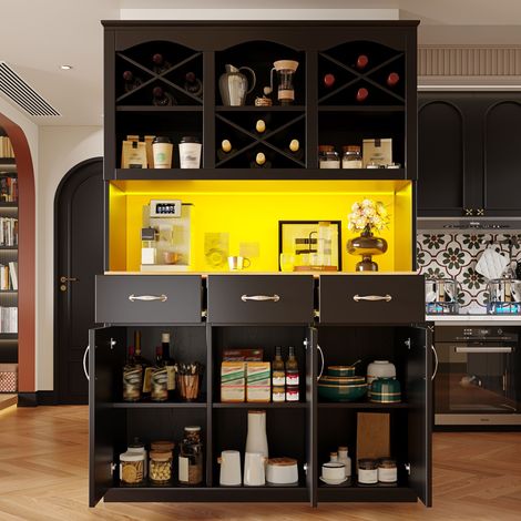 Meuble de rangement cuisine 120x40x180 cm, armoire buffet haute avec 3 portes, 3 tiroirs, éclairage LED intégré, noir, meuble colonne polyvalent (1/5)