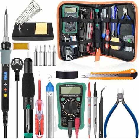 Fers À Souder 18 Pièces Ensemble De Fer À Souder, 60w Kit De Fer À Souder Électrique Avec 5 Pointes, Température Réglable, Multimètre Numérique, Support, Fil À Souder, Pompe À Dessouder (1/5)