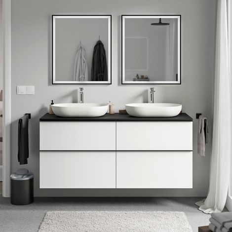 Badmöbel Unterschrank Bernstein LAVOA 120cm Badmöbel: Weiß matt, Waschtischplatte: Schwarz matt, Metallgriff: Chrom