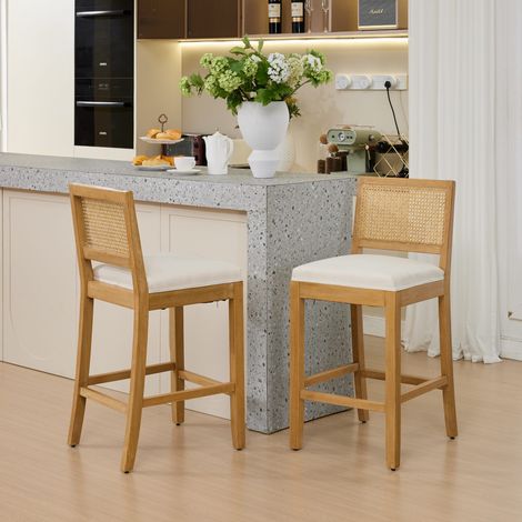FullSolidWoodRattan-BackBarStool,MatteLinenCushionwithHigh-ResilienceFoam&S-Springs,IdealforRustic/NaturalStyleKitchenIsland,LowBarinDiningRoom&Café,Setof2,Beige,DE1872BG (1/5)
