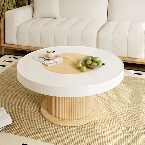 Table Basse Ronde 75 cm Bicolore Blanc et Bois Chêne, Pied Central Cylindrique Tasseaux Cannelle, Table de Salon Design Japandi Modern Coffee Table pour Petit Espace (1/5)