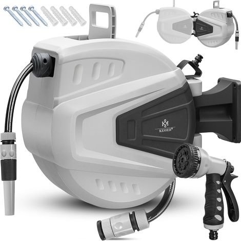 KESSER® Schlauchtrommel Wasser Schlauchaufroller Inkl. 2-Wege-Verteiler + Multi-Handbrause Wasserschlauchtrommel Automatik 180° Schwenkbar Wandhalterung Grau / 15 Meter