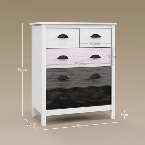 Commode 5 tiroirs, meuble de rangement blanc avec sécurité anti-bascule, 70 x 38 x 85 cm, idéal chambre ou séjour, design moderne et pratique. (1/5)