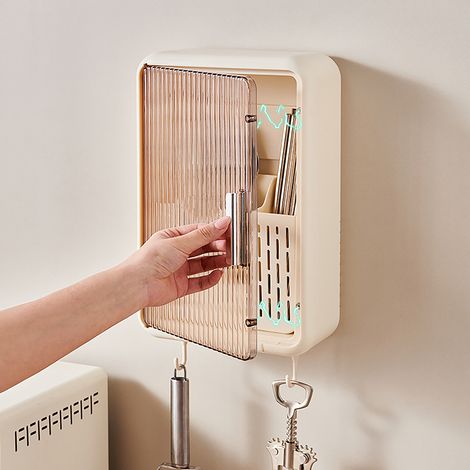 Neuer cremefarbener, wandmontierter Essstäbchenhalter für die Küche, mit Deckel, Staubschutz, Abtropffläche und cremefarbener Aufbewahrung für Essstäbchen und Löffel. (1/5)