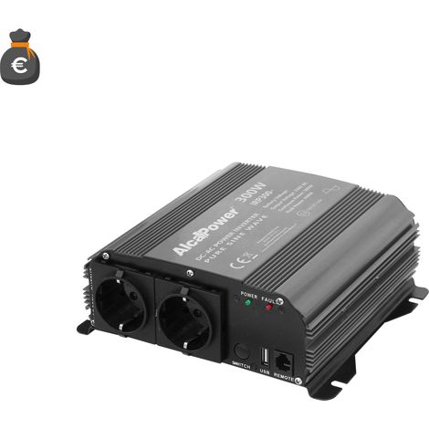 Alcapower Inverter Onda Sinusoidale Pura 300W, Ingresso 24V DC, Uscita 230V AC, 2 Prese Schuko, Porta USB 5V 500mA, Protezioni integrate, 600W Spunto