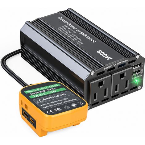 Convertisseur onduleur portable 300W pour batterie 20V DeWalt sortie 110V 20v 600 16 × 10,5 × 13,5 cm 600 g – Livraison gratuite