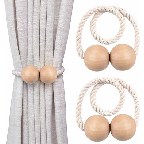 Embrasses à Rideaux, Embrasses pour Rideaux Aimantée Lot de 2, Embrasse Rideau Magnétiques Accessoires,sans percage, Bois Tressage Boucle (1/5)